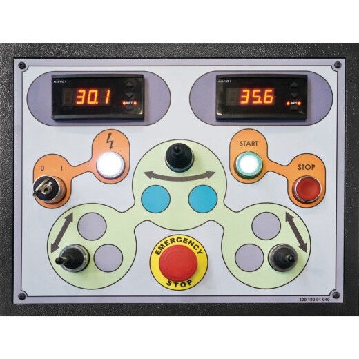 Nahaufnahme des Bedienfelds mit Start- und Stopptasten, Not-Aus-Knopf und zwei digitalen Anzeigen.