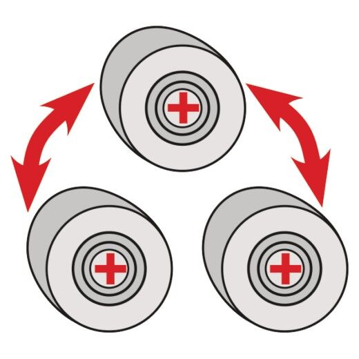 Grafische Darstellung von drei schräg angeordneten Rollen mit roten Pfeilen, die ihre Bewegungsrichtung zeigen.