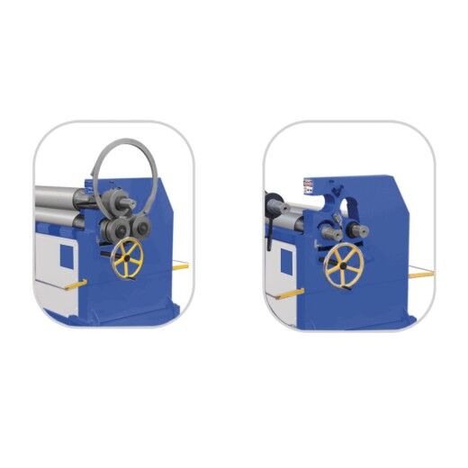 Walzenbiegemaschine mit eingespanntem Ring links und ohne Ring rechts dargestellt.