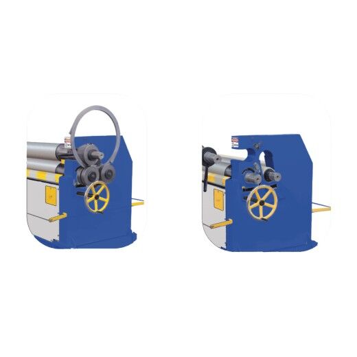 Walzenbiegemaschine mit eingesetztem Blechring, daneben gleiche Maschine ohne Werkstück.