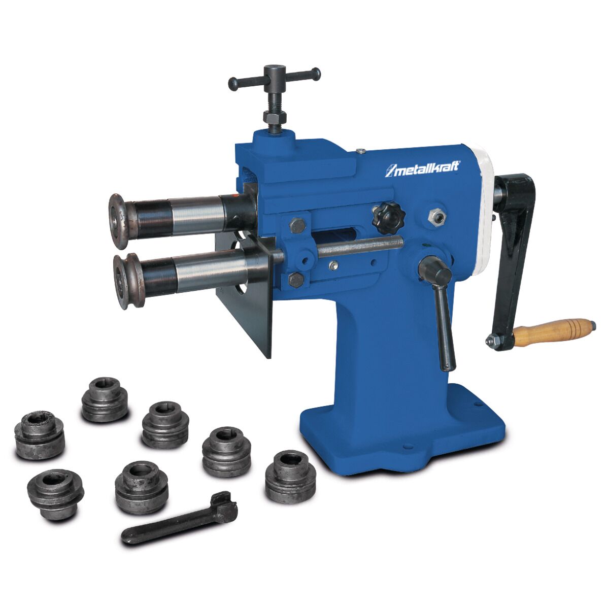 Manuelle Sickenmaschine in blauer Ausführung mit Kurbel und mehreren Wechselrollen.