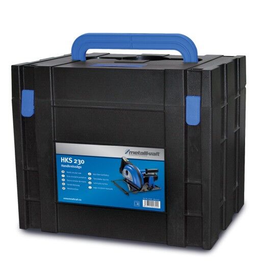 Schwarzer Transportkoffer mit blauem Griff und Etikett „HKS 230 Handkreissäge“.