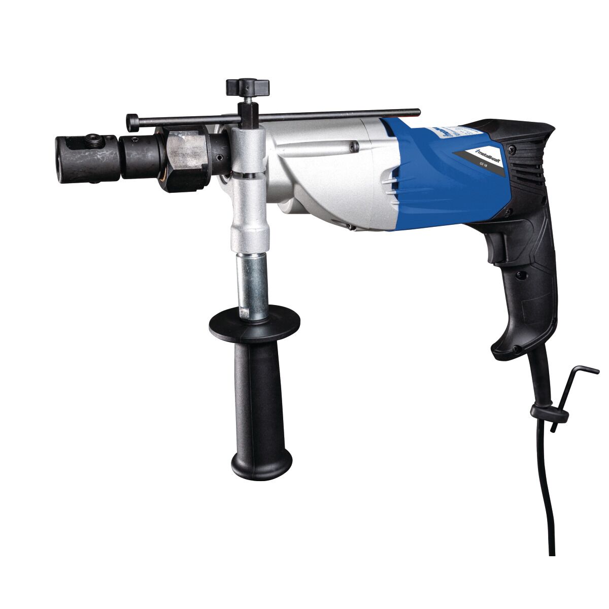 Elektroschrauber in Nahaufnahme mit Zusatzgriff und Kabel, Werkzeugaufnahme sichtbar.