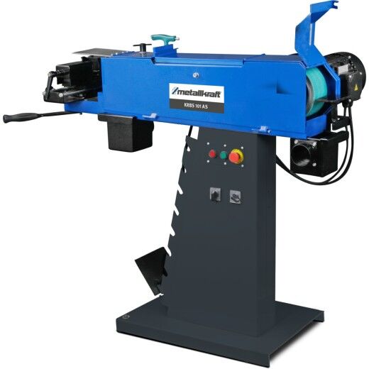 Blaue stationäre Bandschleifmaschine auf schwarzem Standfuß mit Bedienelementen.