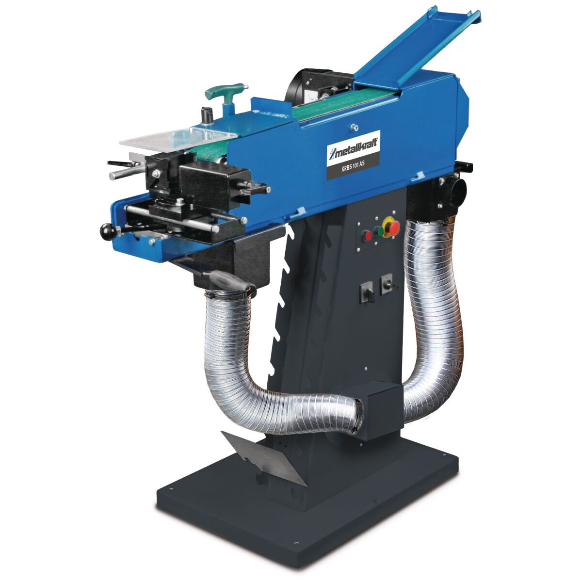 Komplettansicht der blauen Bandschleifmaschine auf schwarzem Standfuß.