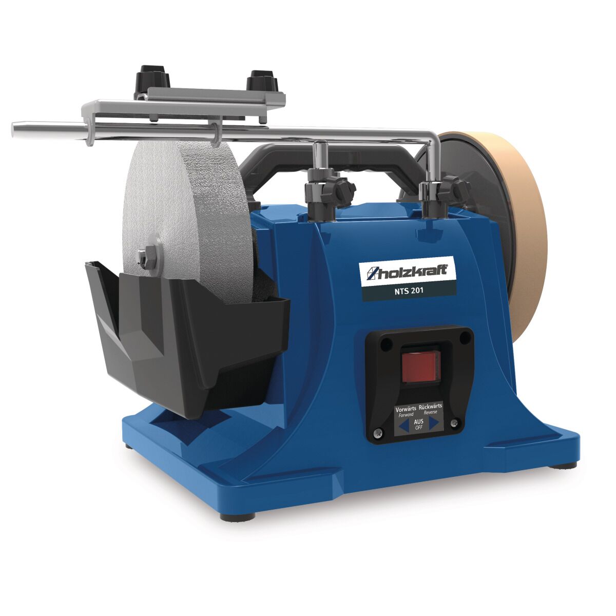 Nassschleifmaschine in Blau mit grauer Schleifscheibe vorne, brauner Lederscheibe hinten und Schutzhaube.