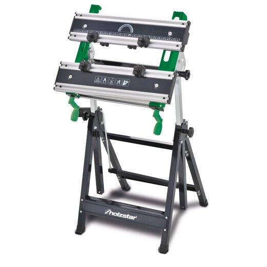 Klappbare Werkbank mit schwarzem Stahlrahmen, grünen Spannhebeln und verstellbaren Klemmbacken.