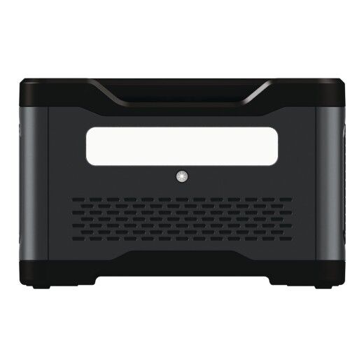 Rückseite der Powerstation PPS 1200 mit Lüftungsgitter und Griffmulde.