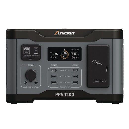 Frontansicht der Powerstation PPS 1200 mit Display, USB-, DC- und 230V-AC-Anschlüssen.