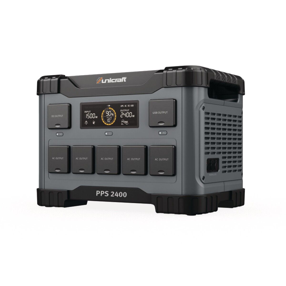 Schrägansicht der Powerstation PPS 2400 mit Display, geschlossenen Klappen und Lüftungsgitter.