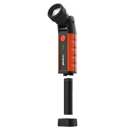 LED-Taschenlampe mit abgenommenem Boden, herausgezogenem Akku sichtbar.