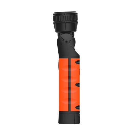Seitenansicht der LED-Taschenlampe mit orangefarbenem Griff und schwarzem Lampenkopf.