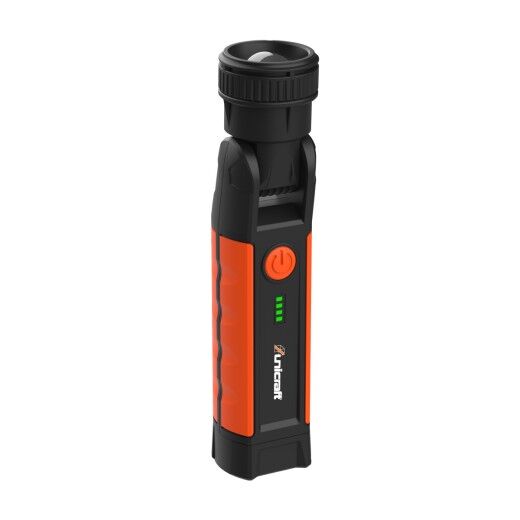 LED-Taschenlampe mit orangefarbenem Gehäuse, schwarzem Kopf und grünem Ladeindikator.
