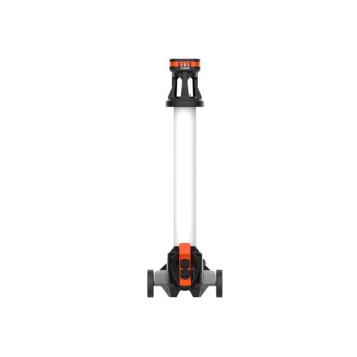 Rückansicht der Stehleuchte mit Lichtrohr, schwarzem Standfuß, Rollen und orangefarbener Verriegelung.