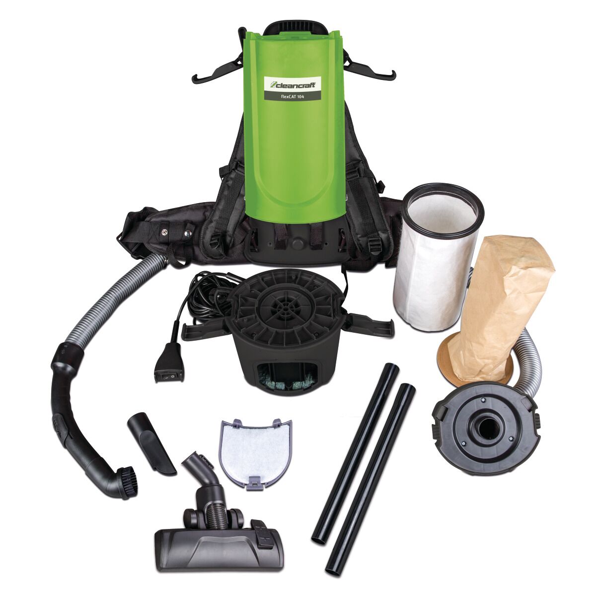 Rucksackstaubsauger mit Zubehörteilen, Filter und Motor getrennt dargestellt.