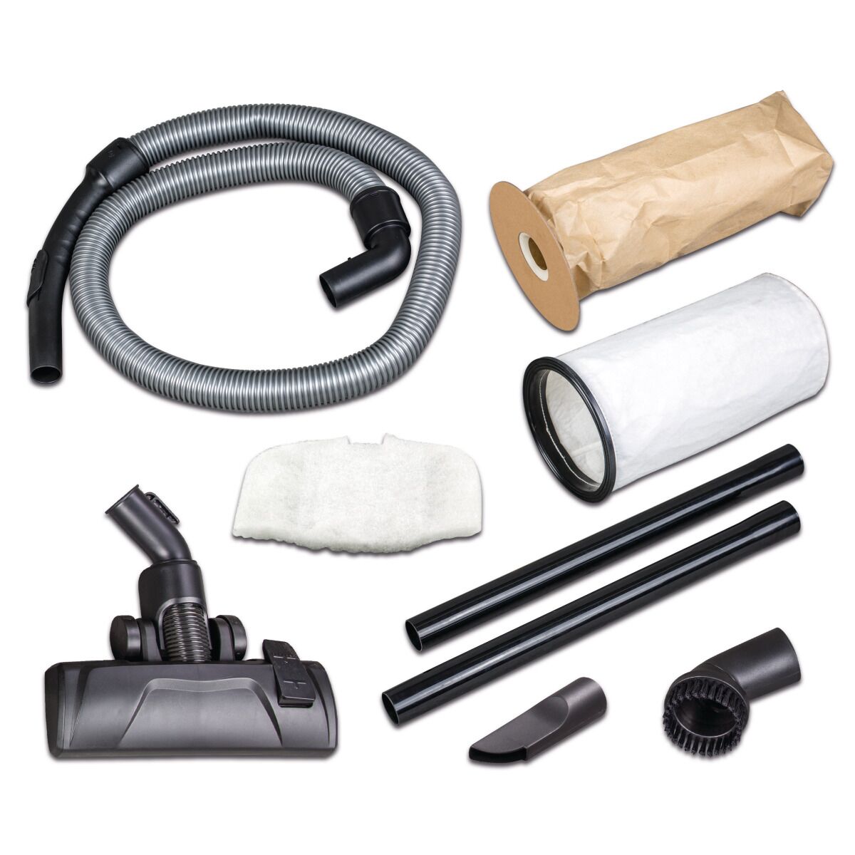 Zubehörset mit Saugschlauch, Filtern, Rohren, Düsen und Staubbeutel.