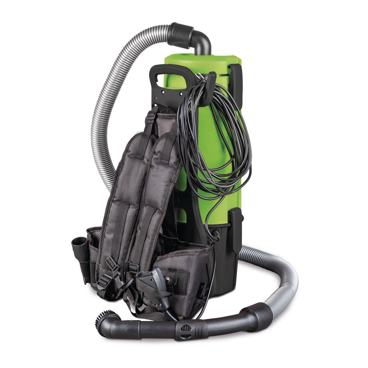 Rucksackstaubsauger mit Tragegestell, aufgewickeltem Kabel und Zubehörschlauch.
