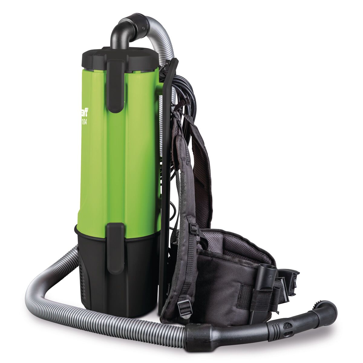 Rucksackstaubsauger mit Saugschlauch und Tragesystem, seitlich fotografiert.