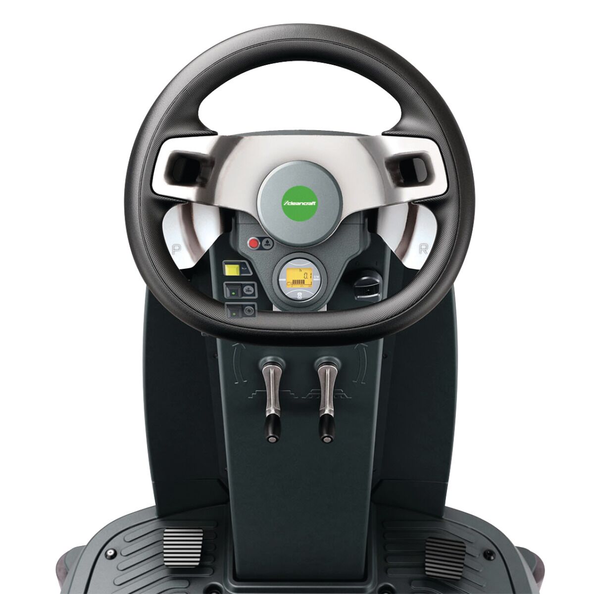 Ansicht des Lenkrads mit Bedienelementen einer Aufsitz-Scheuersaugmaschine.
