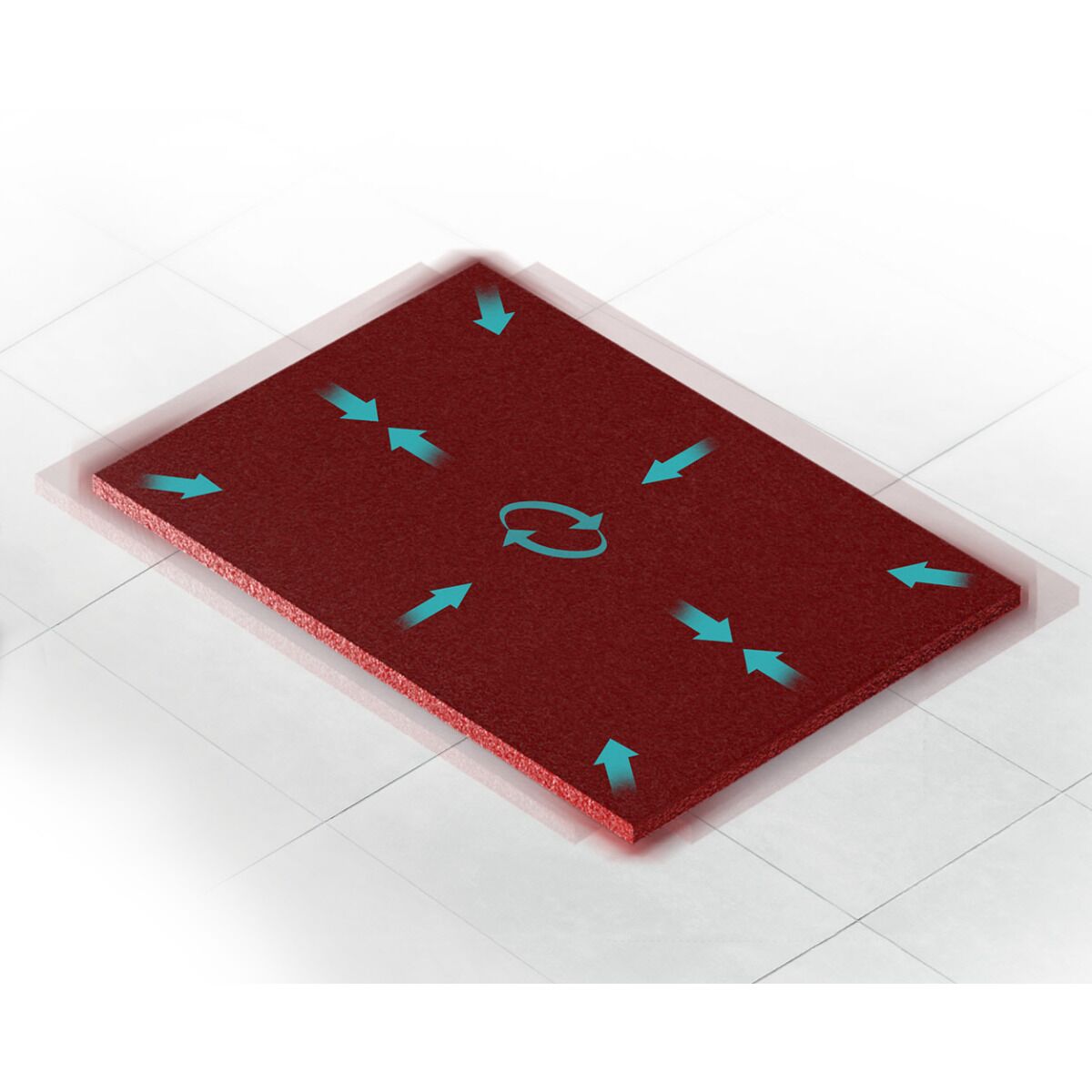 Rotes Reinigungspad mit Pfeilen, die die Reinigungsrichtung und Rotation anzeigen.