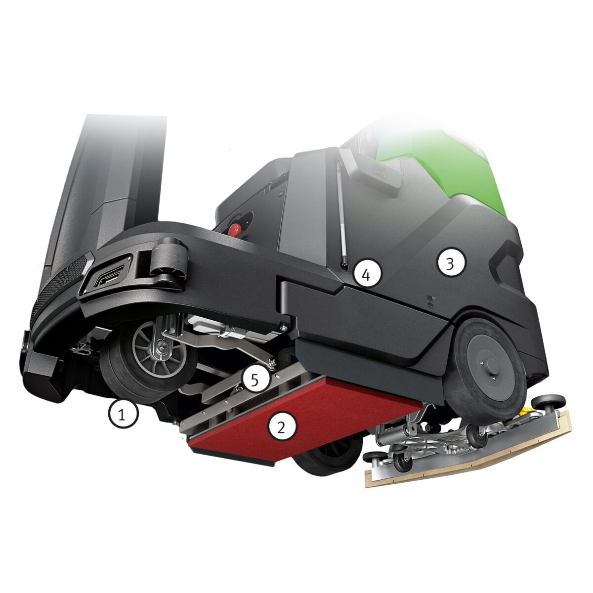 Technische Darstellung der Unterseite einer Reinigungsmaschine mit markierten Komponenten.