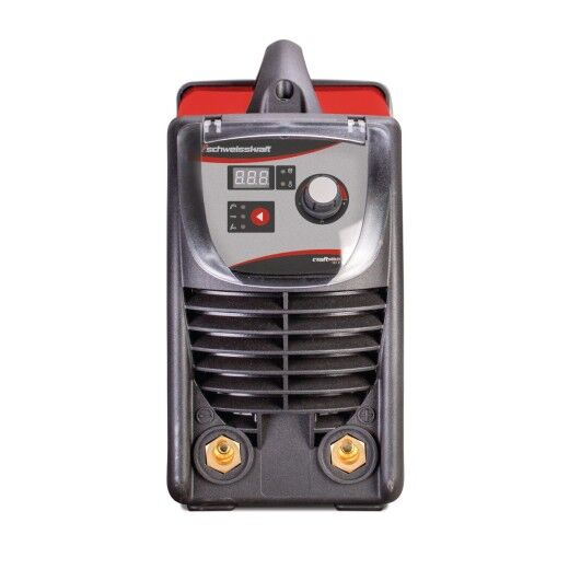 Vorderansicht des Schweißgeräts mit schwarzem Bedienfeld und Display.