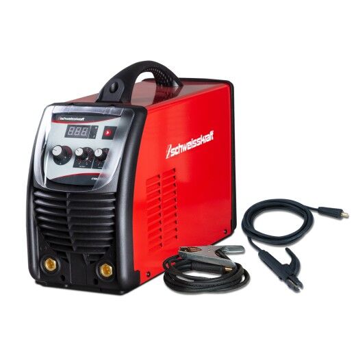 Rotes Schweißgerät mit Tragegriff, Bedienfeld vorne und zwei Anschlussbuchsen, Kabel liegen daneben.