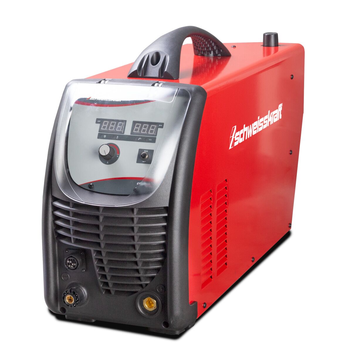 Rotes Plasma-Schneidgerät mit schwarzer Front, Schutzdeckel und sichtbarem Anschluss für Schneidbrenner.