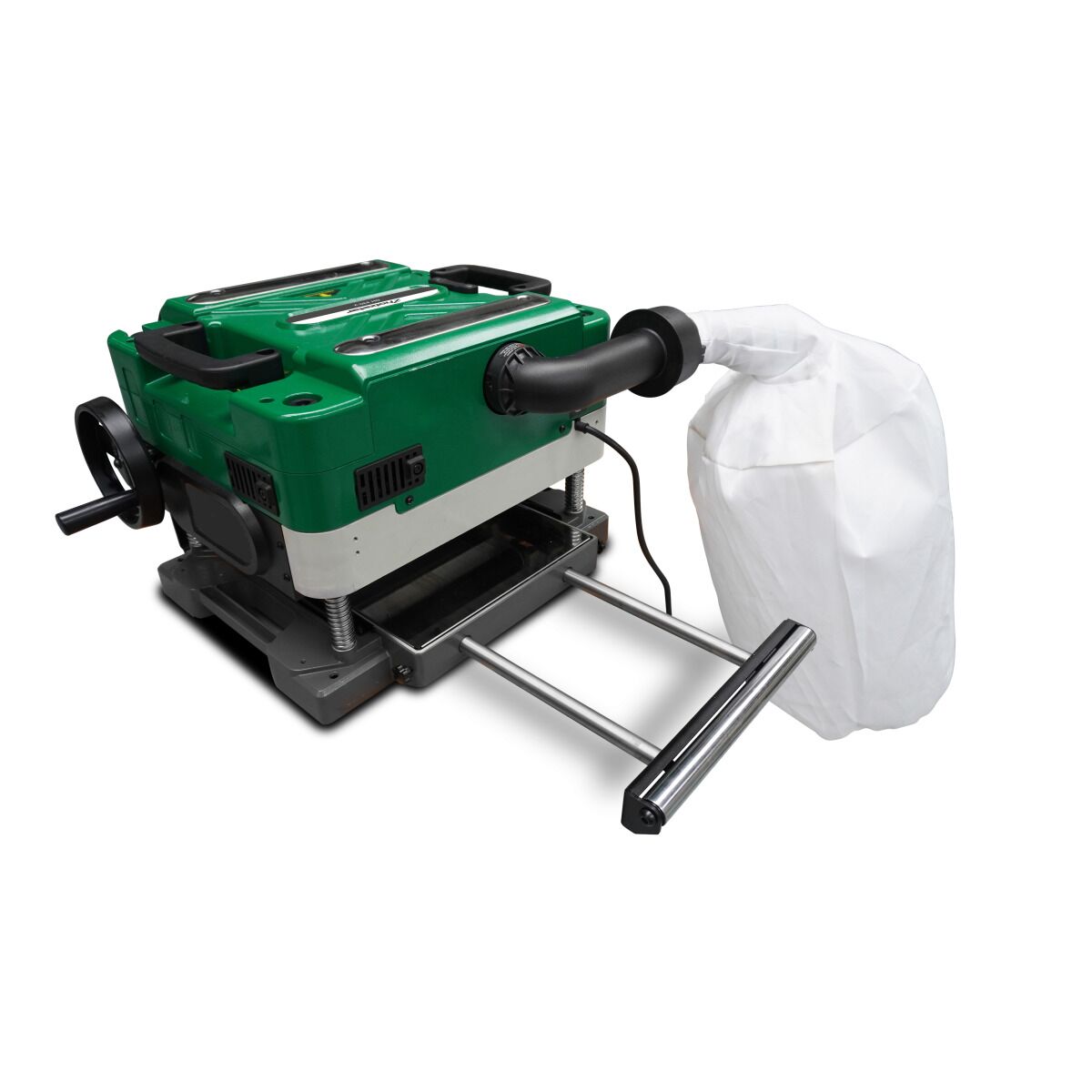 Dickenhobel Holzstar DH 330-2 von hinten mit ausgezogenem Tisch und angeschlossenem Spänefangsack