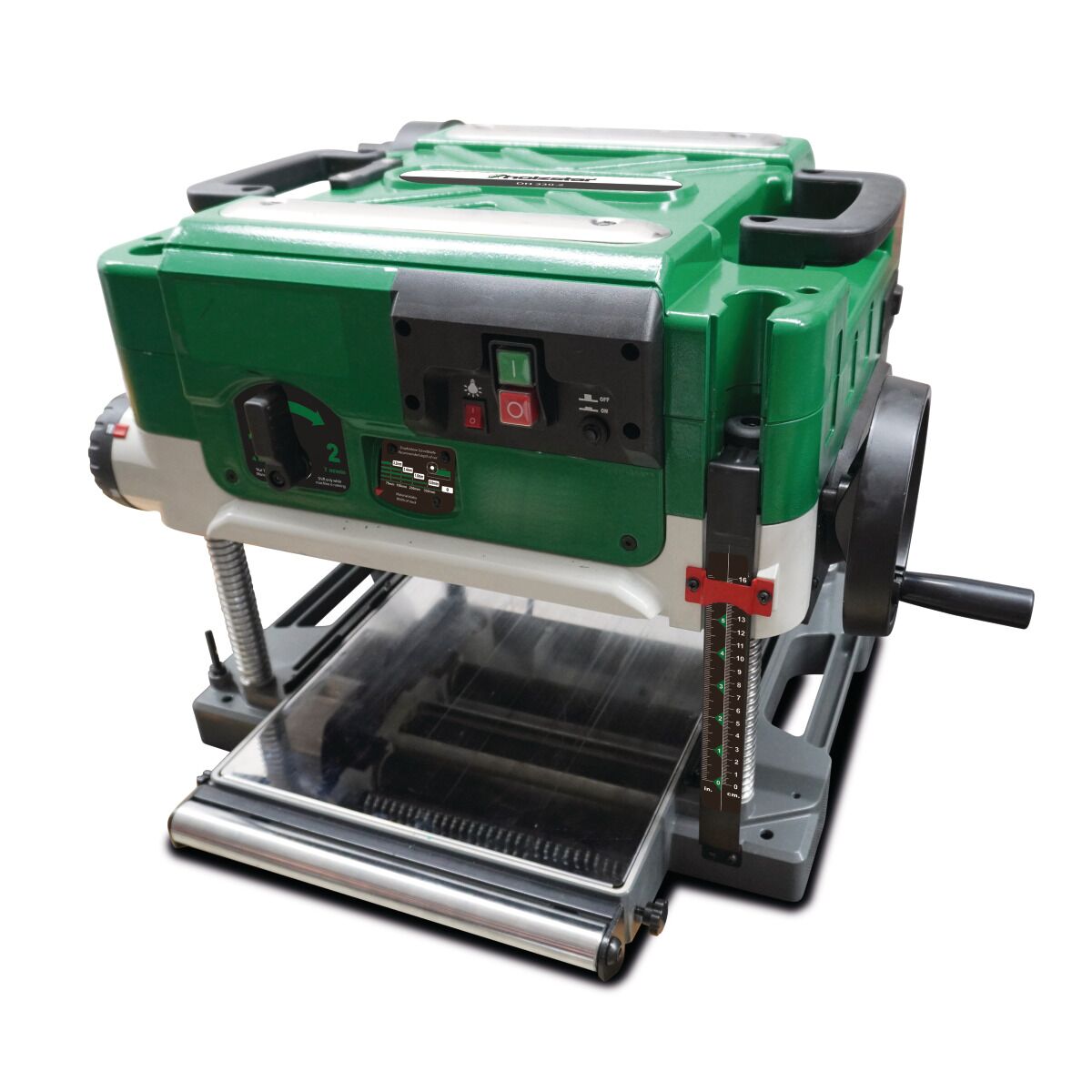 Dickenhobel Holzstar DH 330-2 schräg von vorn mit Bedienfeld, Höhenanzeige, Handrad und Zuführtisch