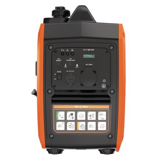 Frontansicht des Bedienfeldes mit Schaltern, Steckdosen und Anzeigen.