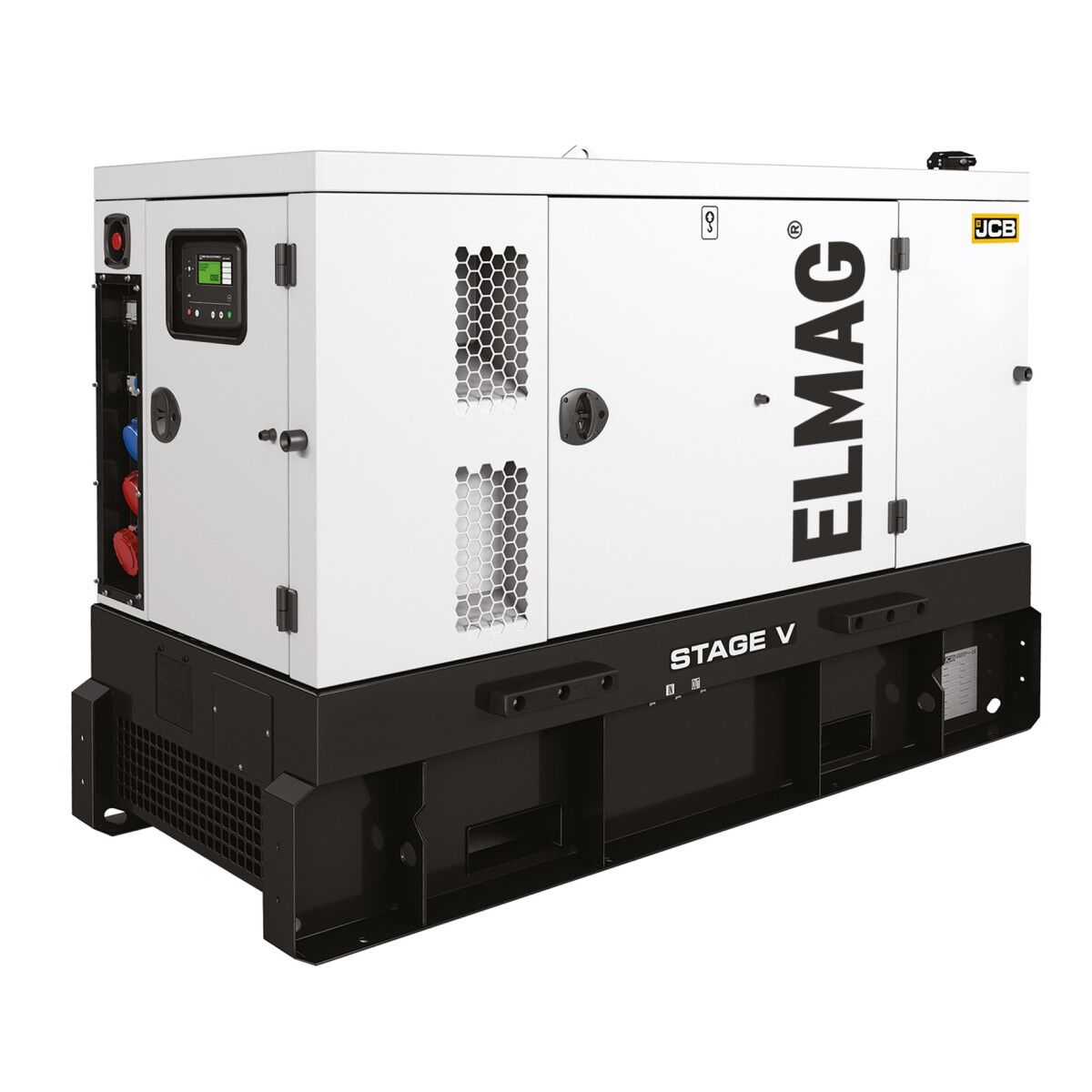 Geschlossener Stromerzeuger in weißem Gehäuse mit Lüftungsgittern, Türen und schwarzem Sockel.