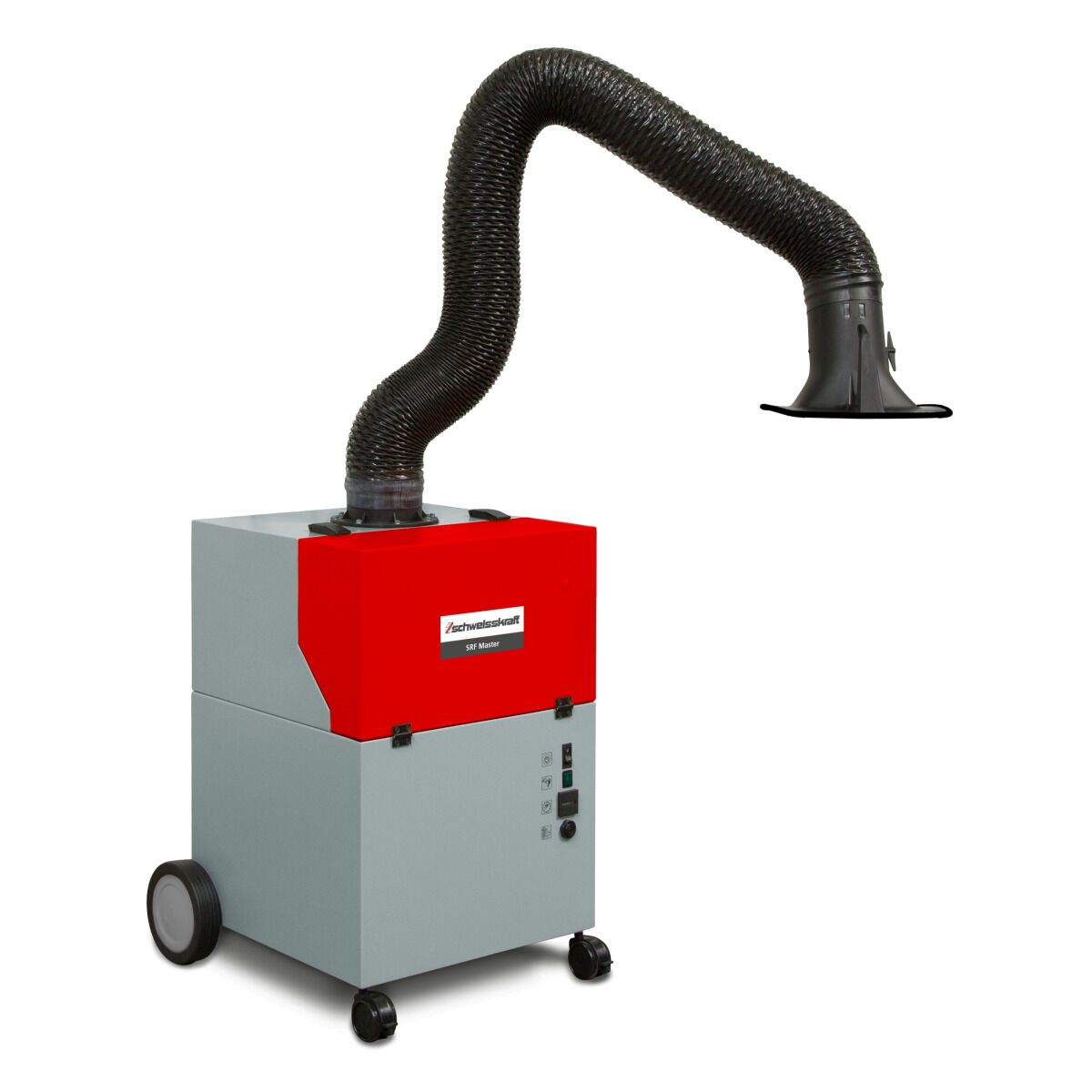 Mobile Schweißrauch-Absauganlage mit rotem Gehäuse, Rollen und langem, beweglichem Absaugarm mit Haube.