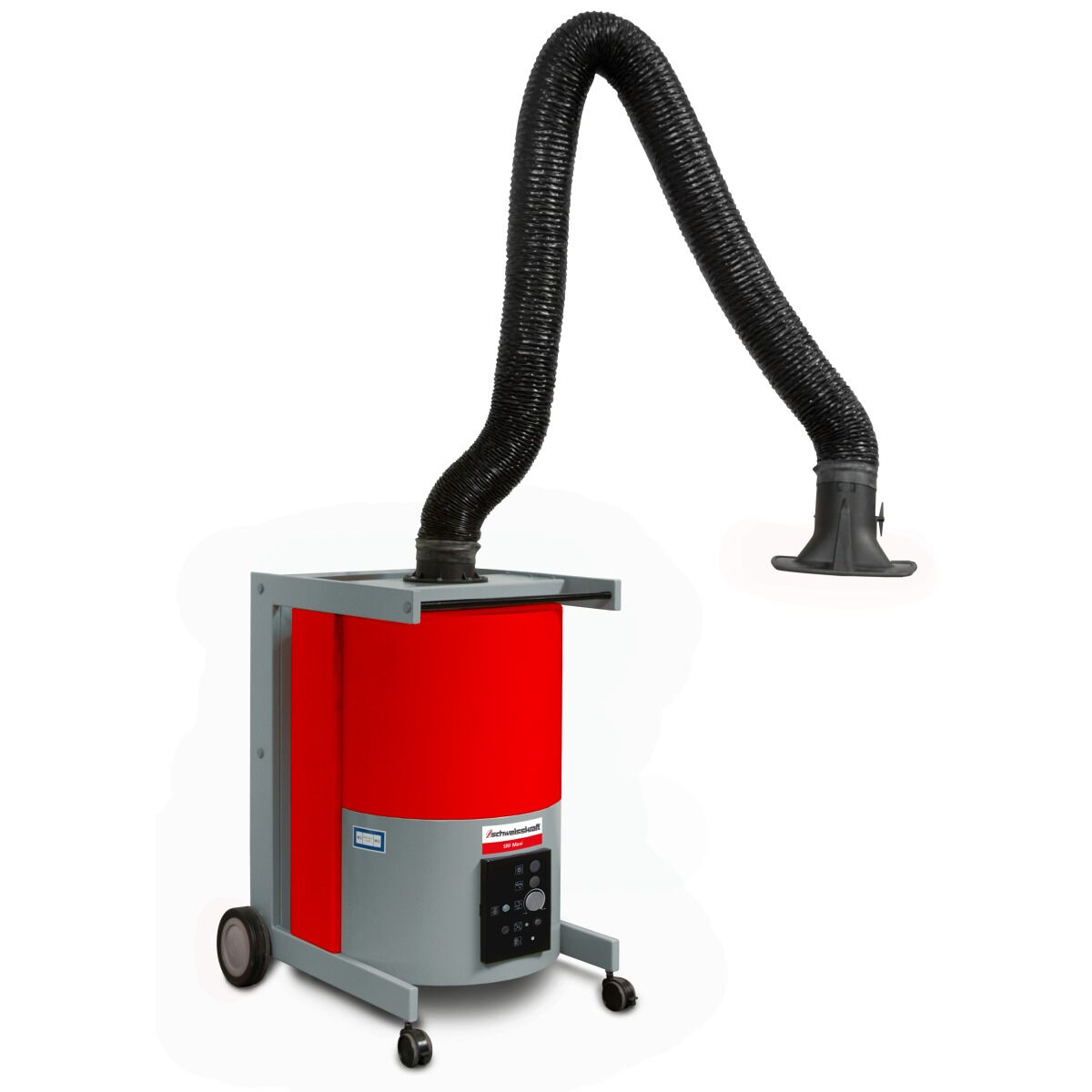 Mobile Schweißrauch-Absauganlage mit rundem rotem Gehäuse, flexiblem Absaugarm mit Haube und Fahrrollen.