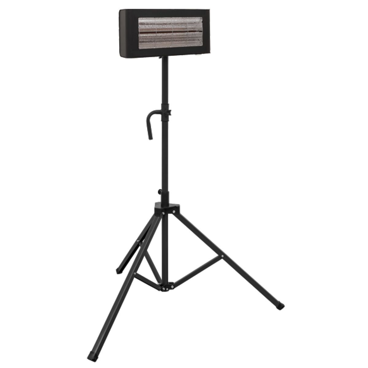 Schwarzes Infrarot-Heizgerät auf höhenverstellbarem Stativ mit drei Beinen und Querstreben zur stabilen Bodenaufstellung.