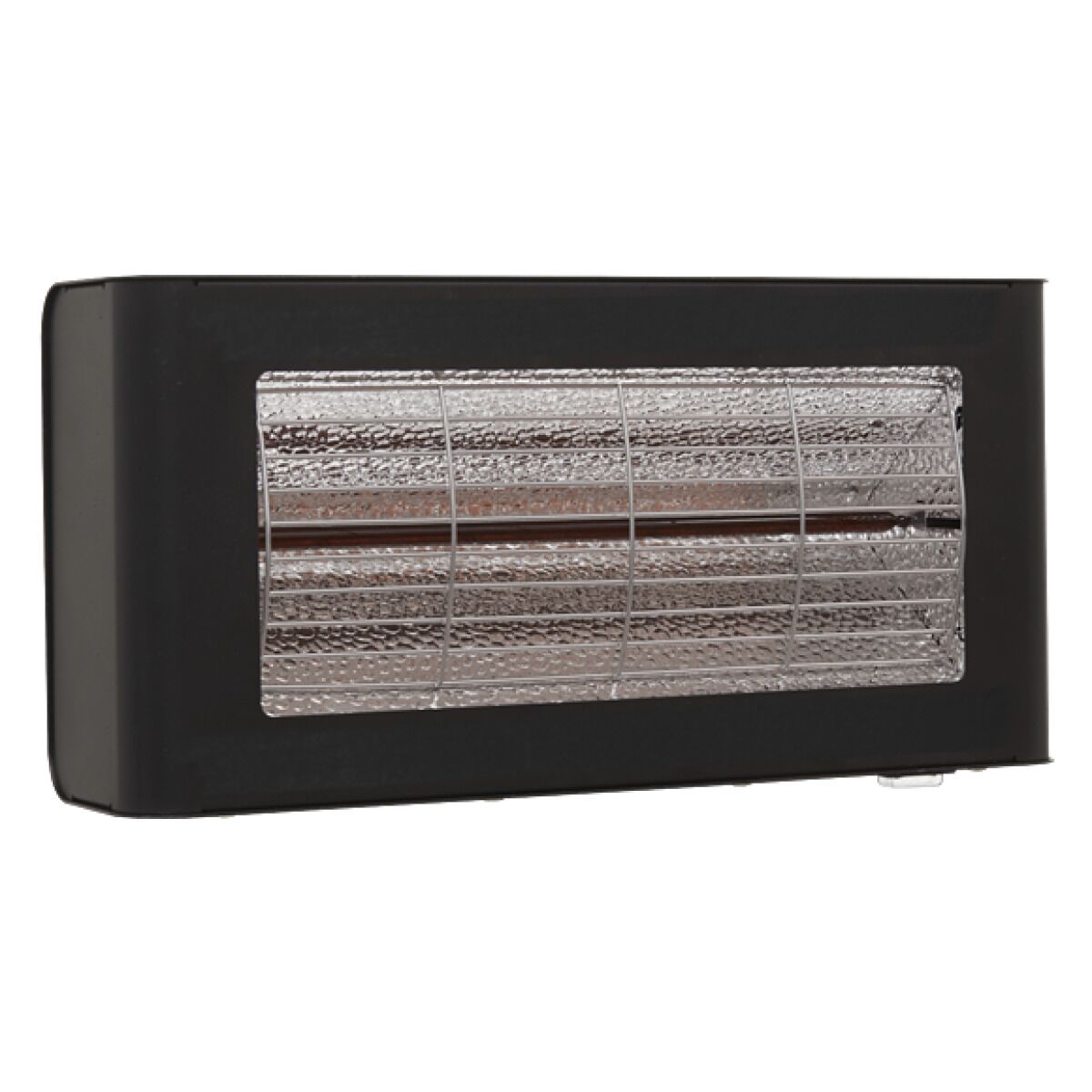 Schwarzes Infrarot-Elektroheizgerät mit reflektierendem Metallgitter und Heizröhre, rechteckiges Gehäuse zur Wandmontage.