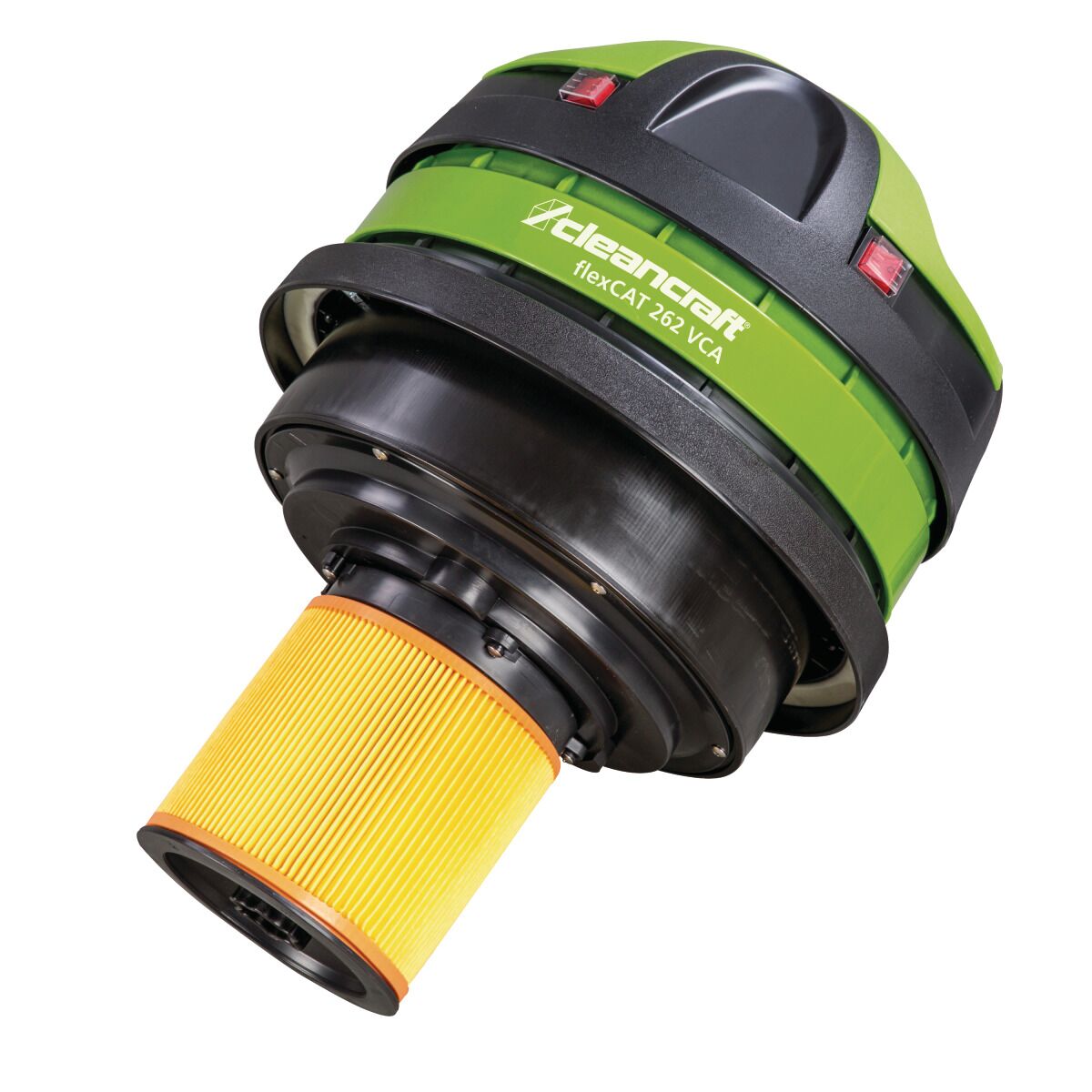 Abgenommener Staubsaugerdeckel mit montiertem gelbem Faltenfilter von unten gesehen.