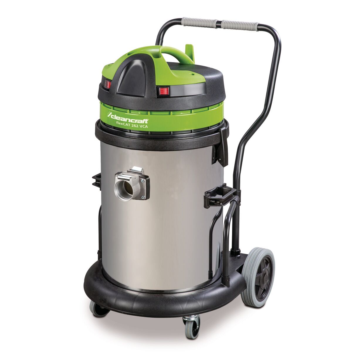 Trockensauger mit Edelstahlbehälter und Fahrgriff, grün-schwarzer Deckel, Schrägansicht.