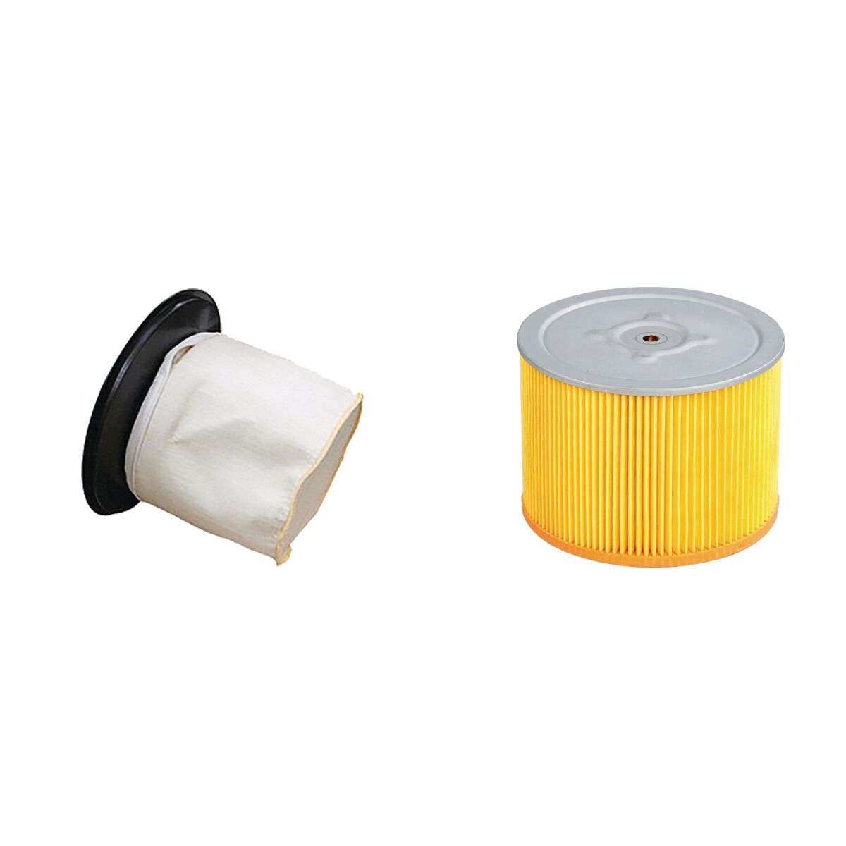 Zwei Staubsaugerfilter, links Stofffilter, rechts gelber Faltenfilter auf weißem Hintergrund.
