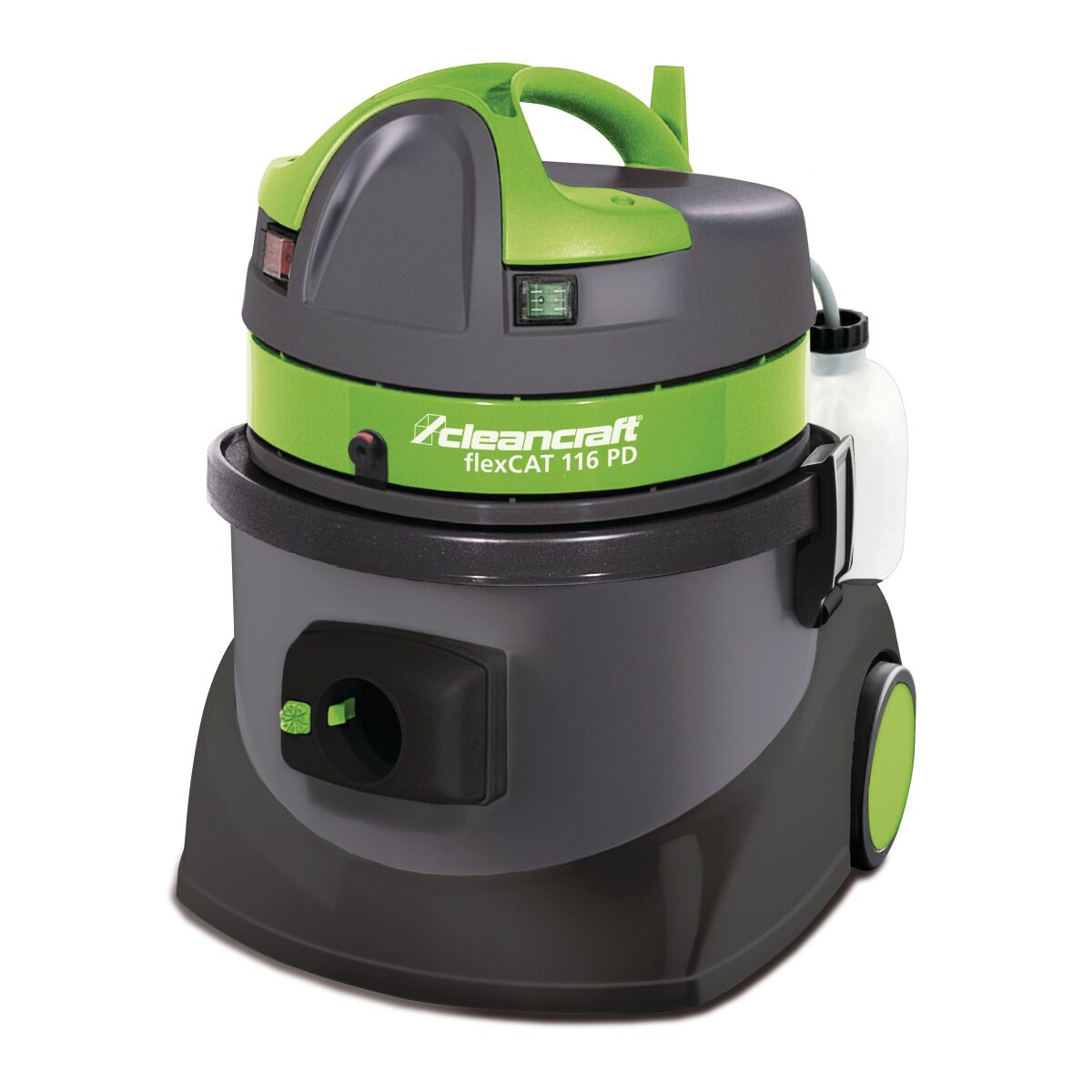 Nass-/Trockensauger Cleancraft flexCAT 116 PD, Vorderansicht mit grünem Deckel.