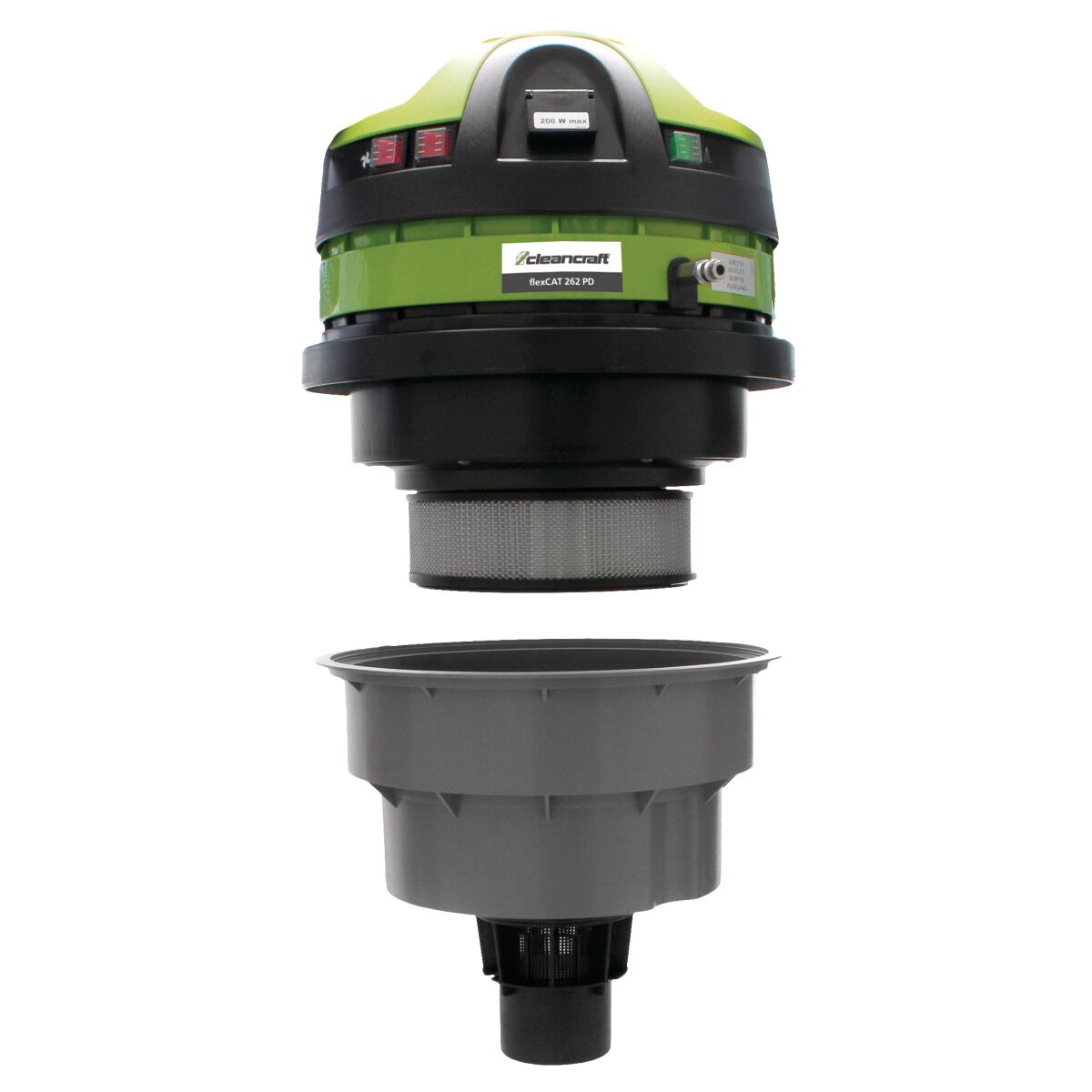 Abgenommener Motorkopf mit Filtereinsatz und Auffangbehälter eines Nass- und Trockensaugers.