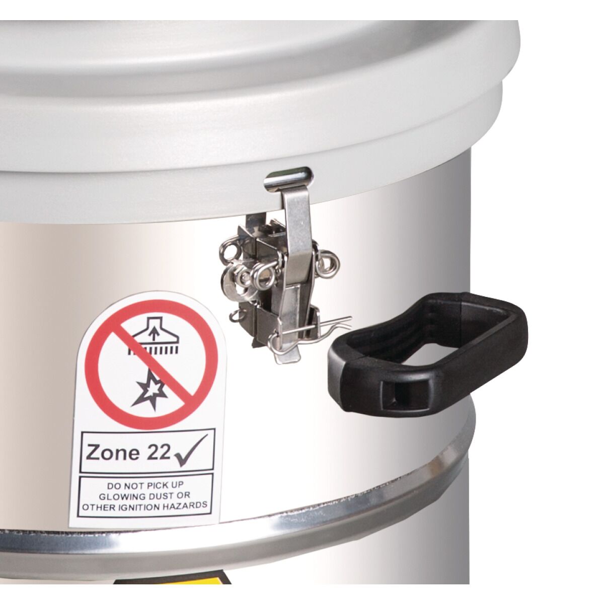 Detailfoto des Behälterverschlusses und Warnaufklebers „Zone 22“.