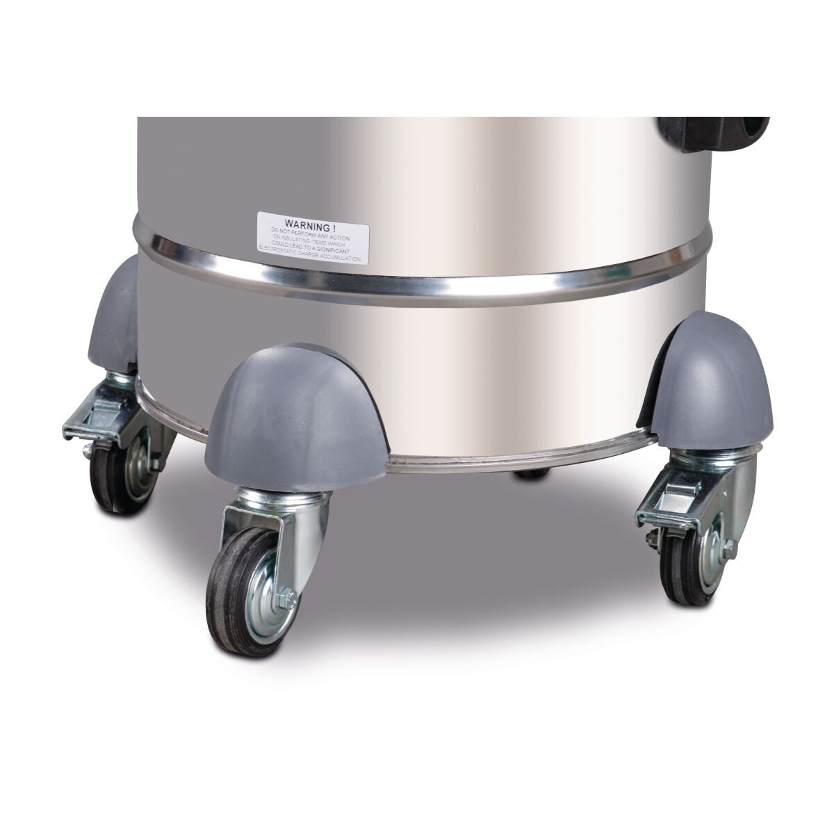 Detailansicht der stabilen Rollen und Stoßkanten des Edelstahl-Staubsaugers.