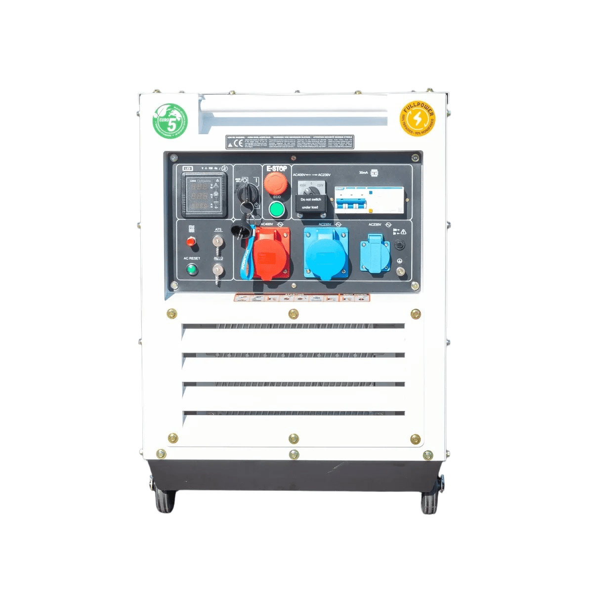 Frontansicht des Hyundai DHY9000SEI-T Stromerzeugers mit Bedienfeld oben und großem Lüftungsgitter darunter.