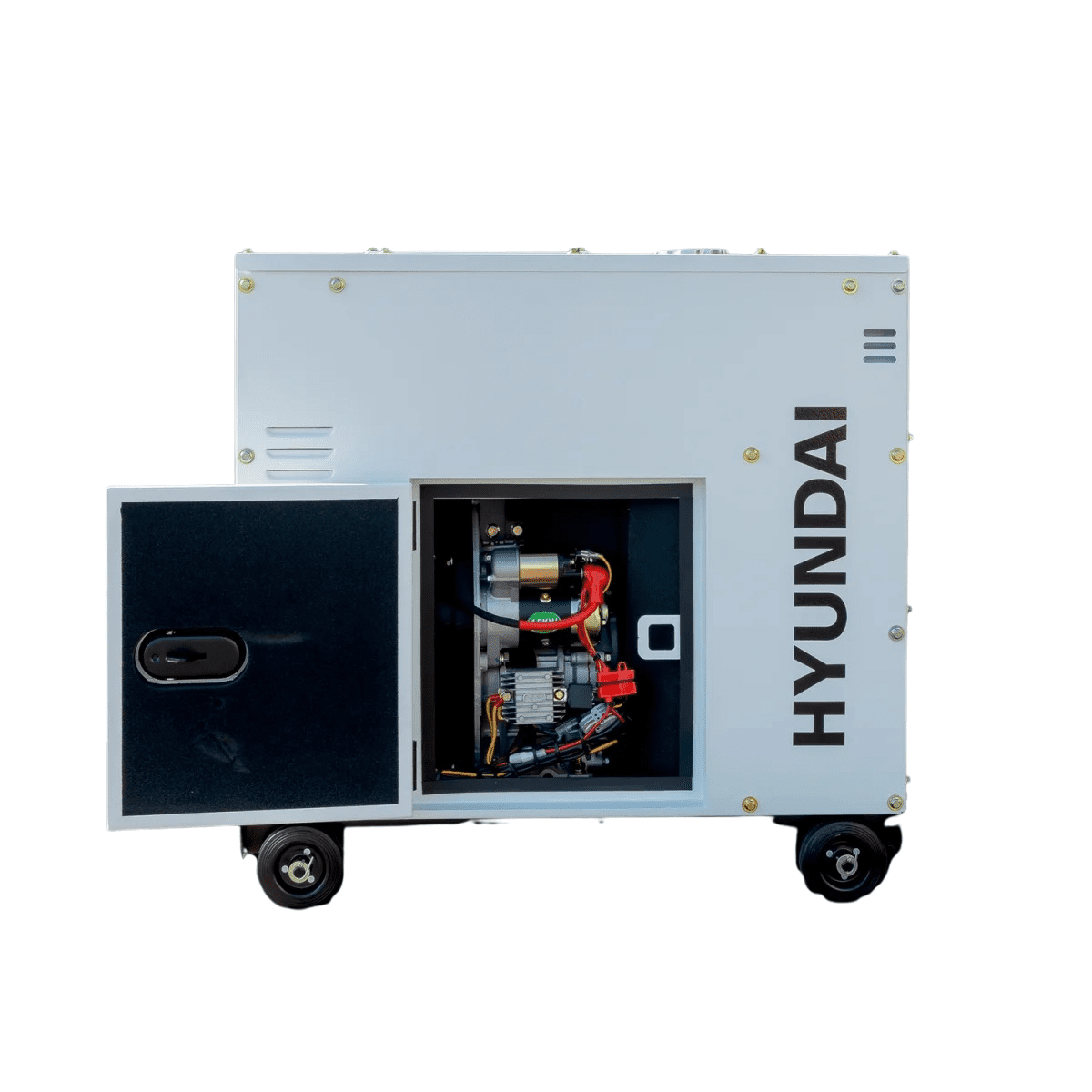 Seitenansicht des Hyundai DHY9000SEI-T mit geöffneter Serviceklappe und sichtbaren elektrischen Komponenten.