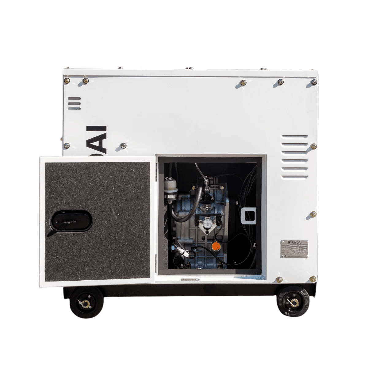 Seitenansicht des Hyundai DHY9000SEI-T mit geöffneter Wartungstür und sichtbarem Motorraum im Inneren.