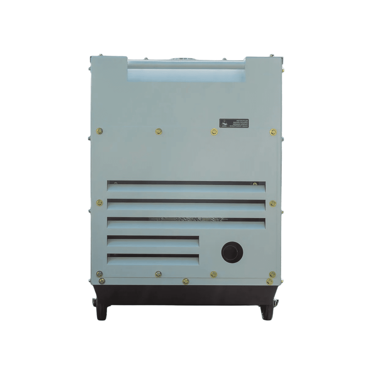 Rückseite des geschlossenen Hyundai DHY9000SEI-T Stromerzeugers mit Lüftungsschlitzen und runder Serviceöffnung.