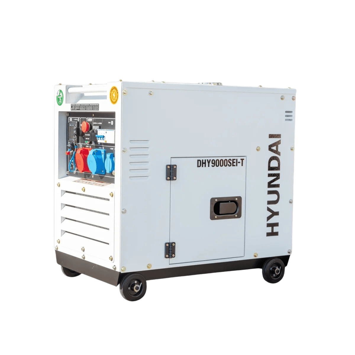 Hyundai DHY9000SEI-T Stromerzeuger auf Rollen, seitliche Ansicht mit sichtbarem Bedienfeld und geschlossenem Gehäuse.