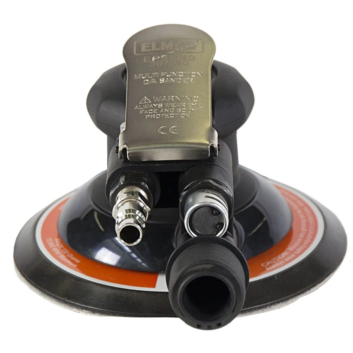 Vorderansicht des Druckluft-Exzenterschleifers mit Hebel, Luftkupplung und großem Absaugstutzen am Schleifteller.