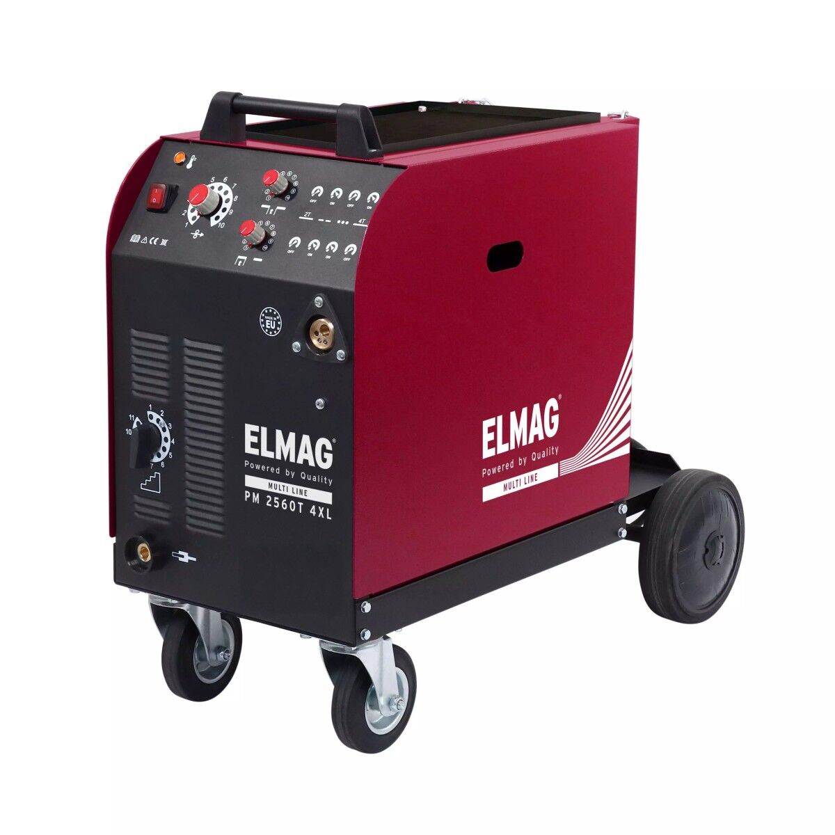 Schrägansicht eines rot-schwarzen Schweißgeräts auf Fahrgestell mit Rollen, Front-Bedienfeld und ELMAG-Schriftzug.